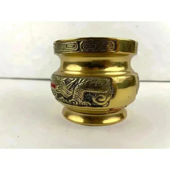 VTG Brass Chinese Dragon Bowl Small Pot Incense Etched Design 3.25" Tall - Picture 9 of 14
